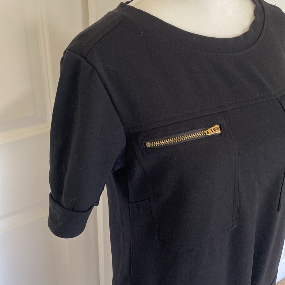 J. Crew Black Mod Shift Mini Dress. Gold zippers on Chest and Hips. Size 2. - Picture 6 of 14